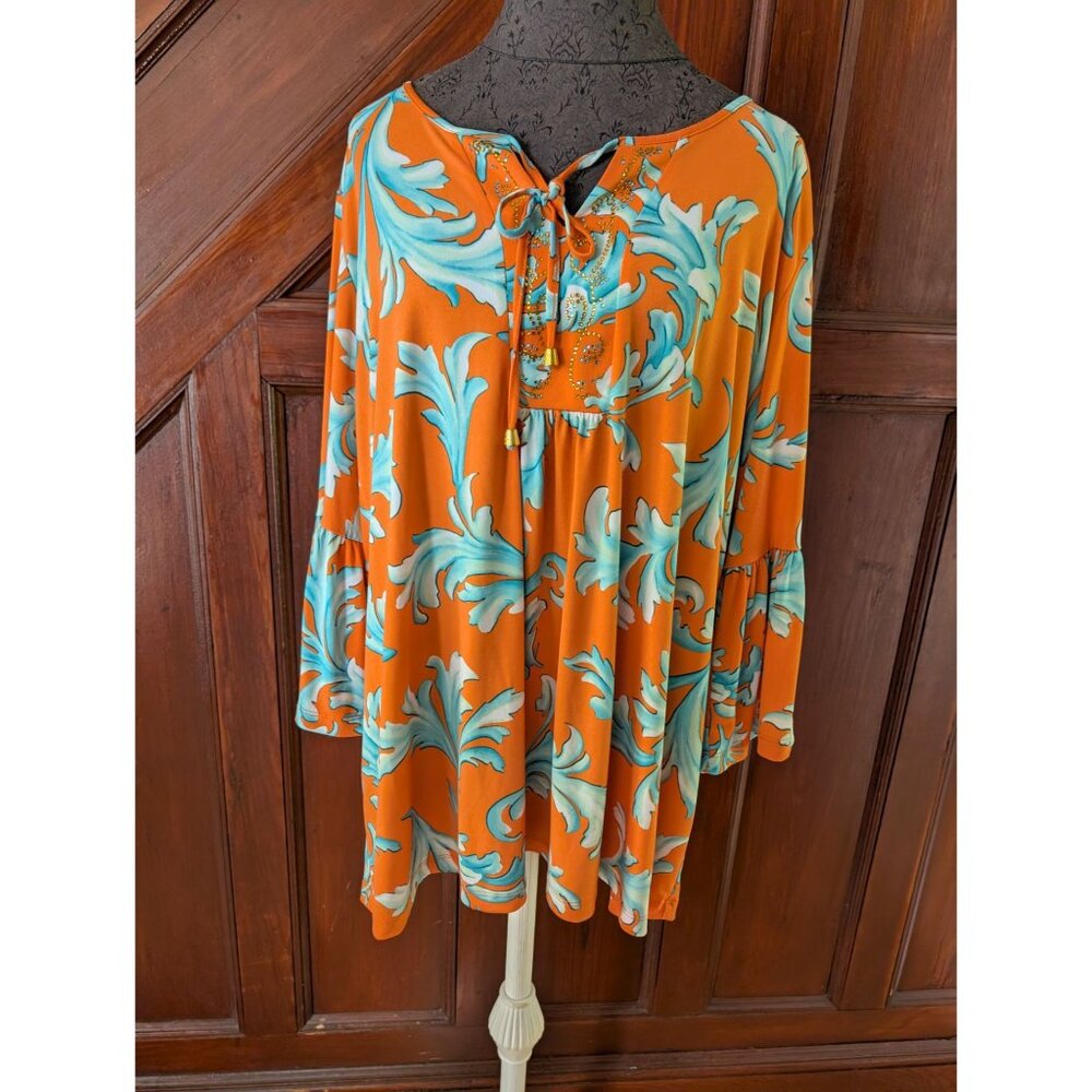 passport Susan Graver Orange Blue Floral 2X Peasant Top W/ Rhinestone Accents